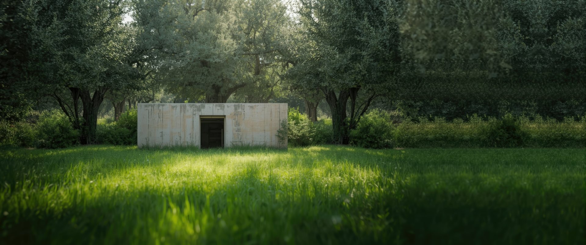 The image shows a green lawn with a building that is sourrounded by green trees