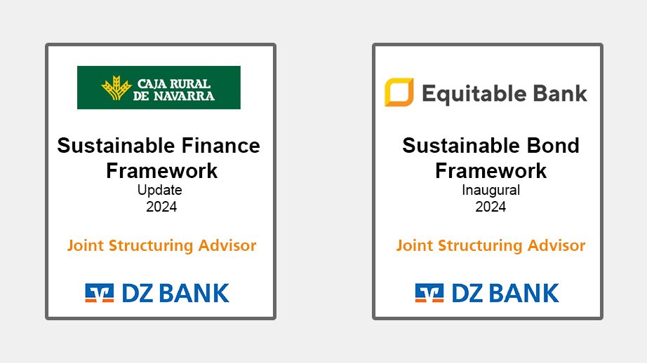 The image contains two separate sections, each representing information about financial structures related to sustainable practices for the year 2024.
---
### Section One:
**Logo:** Caja Rural de Navarra
**Title:** Sustainable Finance Framework
**Update:** 2024
**Role:** Joint Structuring Advisor
**Company:** DZ BANK
---
### Section Two:
**Logo:** Equitable Bank
**Title:** Sustainable Bond Framework
**Inaugural:** 2024
**Role:** Joint Structuring Advisor
**Company:** DZ BANK
---
**Summary:**
- Both sections highlight the role of DZ BANK as a "Joint Structuring Advisor" for sustainable finance efforts.
- Caja Rural de Navarra and Equitable Bank are focusing on sustainable financial frameworks for 2024, with specific updates and inaugural plans.
- The image emphasizes collaboration in structuring frameworks to support sustainability in finance.