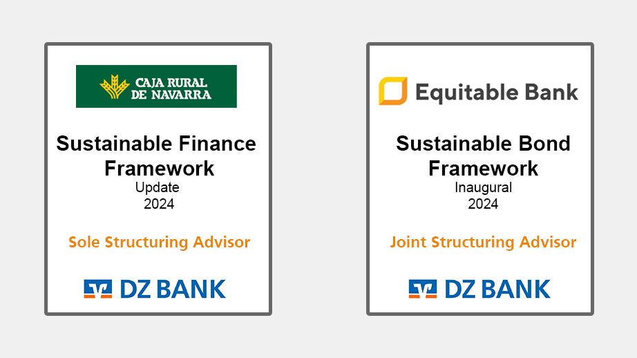 The image contains two separate sections, each representing information about financial structures related to sustainable practices for the year 2024.
---
### Left Section:
- **Logo and Name:** The logo of "Caja Rural de Navarra" is displayed prominently.
- **Title:** "Sustainable Finance Framework"
- **Subtitle:** "Update 2024"
- **Advisor Role:** "Sole Structuring Advisor"
- **Advisor:** The name "DZ BANK" is positioned at the bottom.
### Right Section:
- **Logo and Name:** The logo of "Equitable Bank"
- **Title:** "Sustainable Bond Framework"
- **Subtitle:** "Inaugural 2024"
- **Advisor Role:** "Joint Structuring Advisor"
- **Advisor:** The name "DZ BANK" is positioned at the bottom.
---
The image emphasizes DZ BANK's involvement in structuring financial frameworks for sustainable bonds and finance for both Caja Rural de Navarra and Equitable Bank for the year 2024.