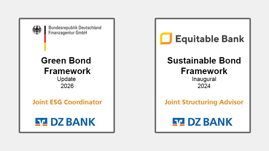 The image features two bond frameworks: one is a "Green Bond Framework Update 2026" from Bundesrepublik Deutschland Finanzagentur GmbH with DZ BANK as the "Joint ESG Coordinator"; the other is a "Sustainable Bond Framework Inaugural 2024" from Equitable Bank with DZ BANK as the "Joint Structuring Advisor."