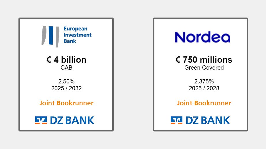 The image features two plaques with financial information:

1. European Investment Bank:
   - € 4 billion CAB
   - 2.50% interest rate
   - Maturity: 2025 / 2032
   - Label: Joint Bookrunner
   - Collaborator: DZ BANK

2. Nordea:
   - € 750 millions Green Covered
   - 2.375% interest rate
   - Maturity: 2025 / 2028
   - Label: Joint Bookrunner
   - Collaborator: DZ BANK