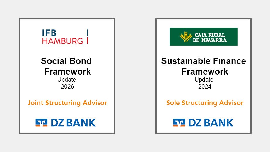 The image features two plaques or posters side by side. 

- The left plaque is from "IFB Hamburg" related to "Social Bond Framework" with an update for "2026." It mentions "Joint Structuring Advisor" and displays the "DZ Bank" logo.

- The right plaque is from "Caja Rural de Navarra" related to "Sustainable Finance Framework" with an update for "2024." It mentions "Sole Structuring Advisor" and also displays the "DZ Bank" logo.