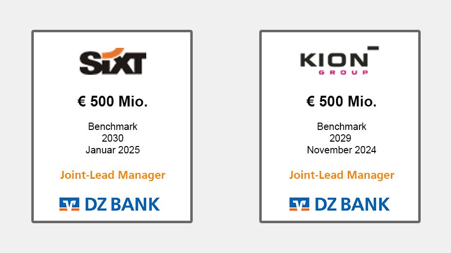 The image features two advertisements or notices for financial deals involving two companies, Sixt and KION Group, each facilitating a monetary deal with the assistance of DZ BANK:

1. **Sixt**:
   - Amount: €500 million.
   - Type: Benchmark.
   - Date of maturity: January 2025.
   - Management: Joint-Lead Manager with the involvement of DZ BANK.

2. **KION Group**:
   - Amount: €500 million.
   - Type: Benchmark.
   - Date of maturity: November 2024.
   - Management: Joint-Lead Manager with the involvement of DZ BANK.

The image communicates financial details related to specific deals between these companies and DZ BANK, potentially indicating bond issuances or investment partnerships.