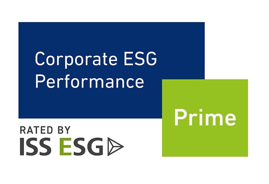 The image contains a badge or certification symbol indicating 

"Corporate ESG Performance"

and

 "Prime,"

 suggesting the company in question has achieved a high level of performance in ESG (Environmental, Social, and Governance) criteria. 

Below it is referenced "Rated by ISS ESG," indicating the evaluation was conducted by ISS, a provider of ESG ratings, research, and analytics.

The badge is split into two sections:

1. **Blue Section:** Contains the words "Corporate ESG Performance".
2. **Green Section:** Contains the word "Prime" in white.

This badge likely represents that the corporation meets or exceeds certain ESG standards and is rated as 'Prime' by the specified rating agency, ISS ESG.