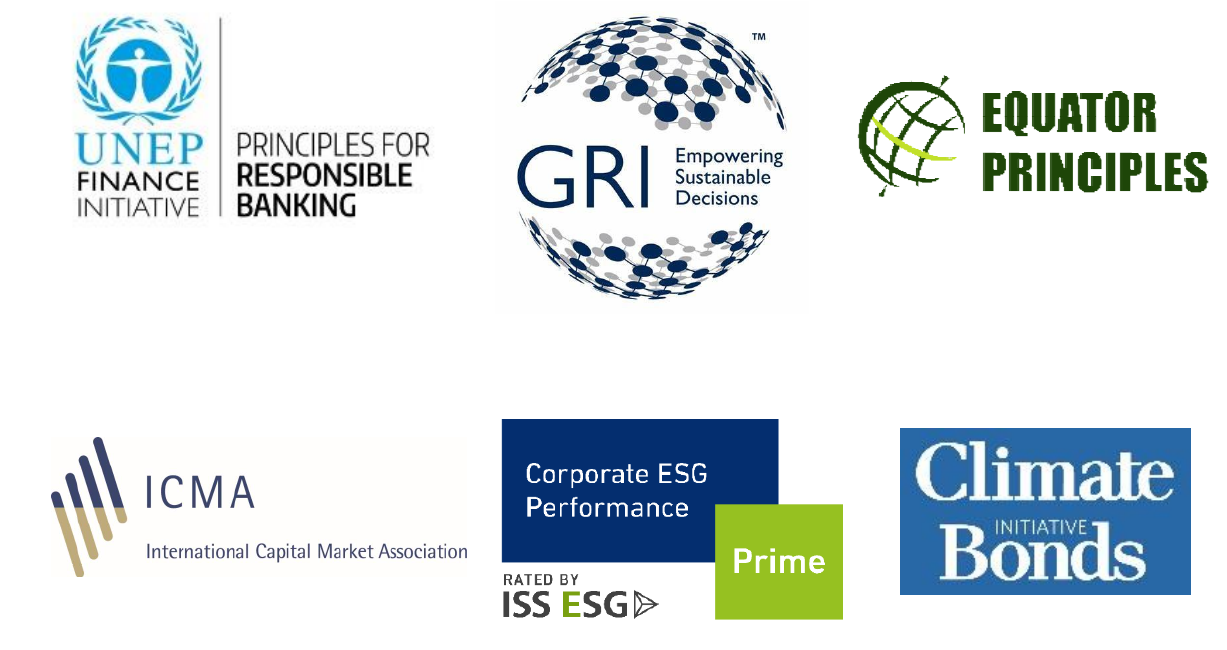 The image contains a collage of logos from various organizations and initiatives related to finance, sustainability, and responsible investment. These logos represent:

1. **UNEP Finance Initiative**: A partnership between the United Nations Environment Programme (UNEP) and the global financial sector.

2. **Principles for Responsible Banking**: A framework for sustainable banking that aligns to the UN's Sustainable Development Goals.

3. **GRI (Global Reporting Initiative)**: An international organization that helps businesses, governments, and other organizations understand and communicate their impacts on issues such as climate change, human rights, and corruption.

4. **Equator Principles**: A risk management framework adopted by financial institutions for determining, assessing, and managing environmental and social risk.

5. **ICMA (International Capital Market Association)**: An organization that promotes resilient and well-functioning capital markets to meet investor needs.

6. **Corporate ESG Performance**: A reference to the evaluation of a company's environmental, social, and governance performance, often rated by organizations like ISS ESG.

7. **Climate Bonds**: An initiative promoting investment in projects that mitigate climate change and related impacts, focusing on bonds intended to finance such activities.