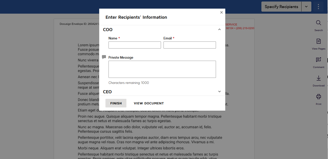 The image shows a pop-up form labeled "Enter Recipient's Information" overlaid on some text. It contains fields for entering the recipient's name, email, a message, and a checkbox for "Private Message." There are "Submit" and "Cancel" buttons.