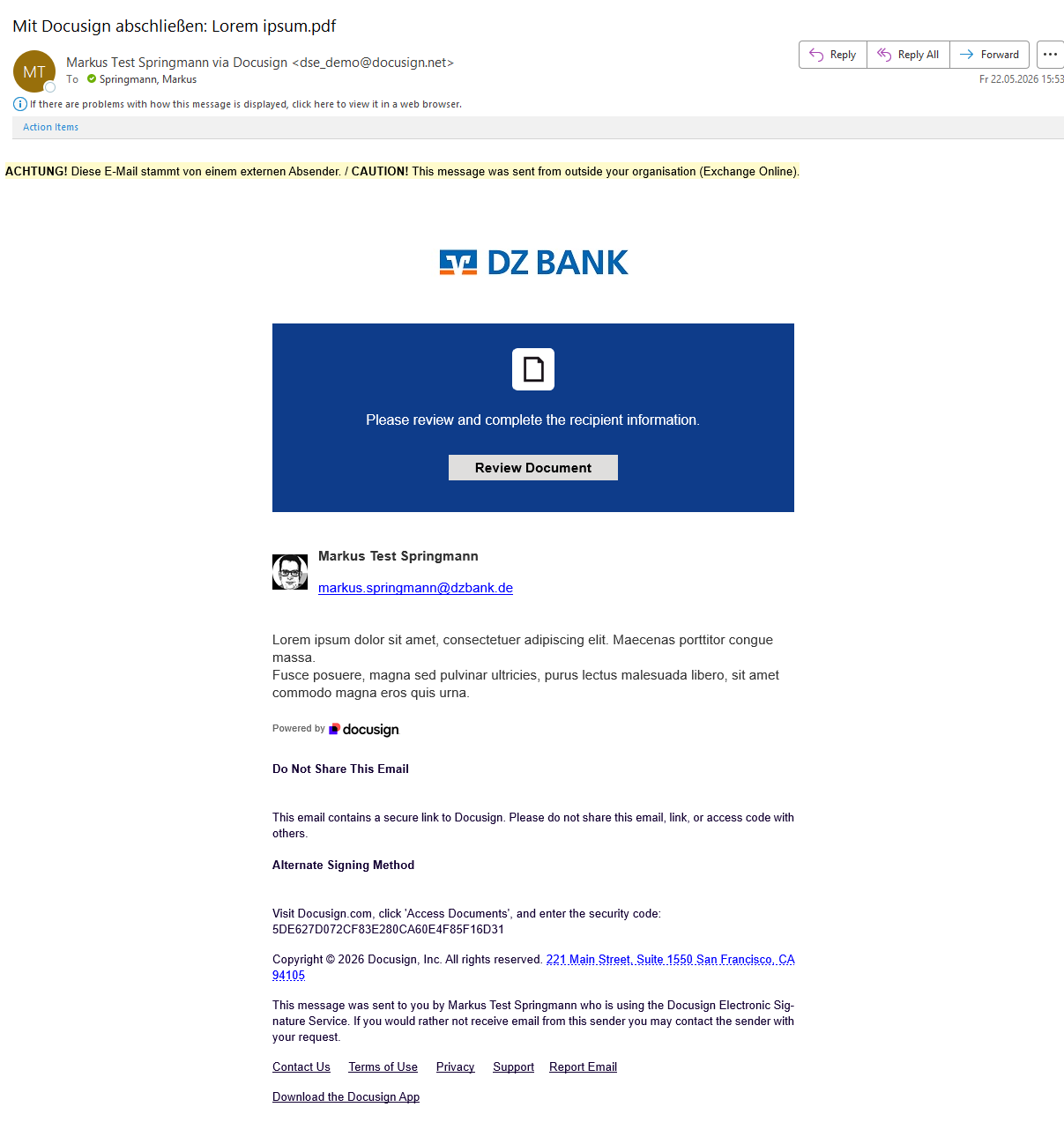 The image is an email that appears to be a phishing attempt. It includes the branding of "DZ BANK" and asks the recipient to click a link to "Secure Account." The email is from "Network Test Engineering," with a focus on cyber security. There is a mention of web application communication and data security. Overall, it aims to lure the recipient into providing sensitive information by impersonating a bank's communication.