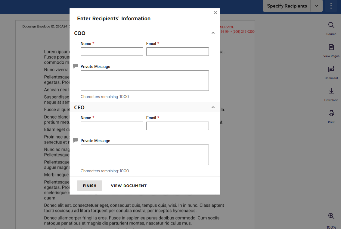 A form for entering recipient information.