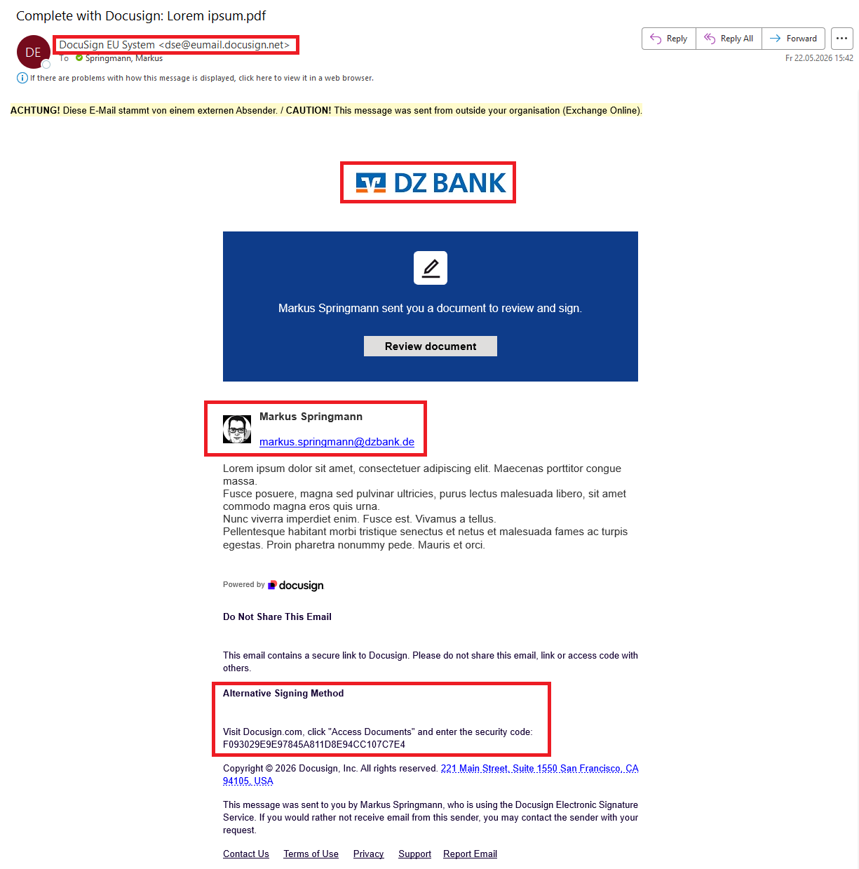 The image is an email screenshot featuring DZ BANK. There are highlighted sections indicating potentially important information, such as sender details, message content, and links. It appears to be a notification related to financial services.