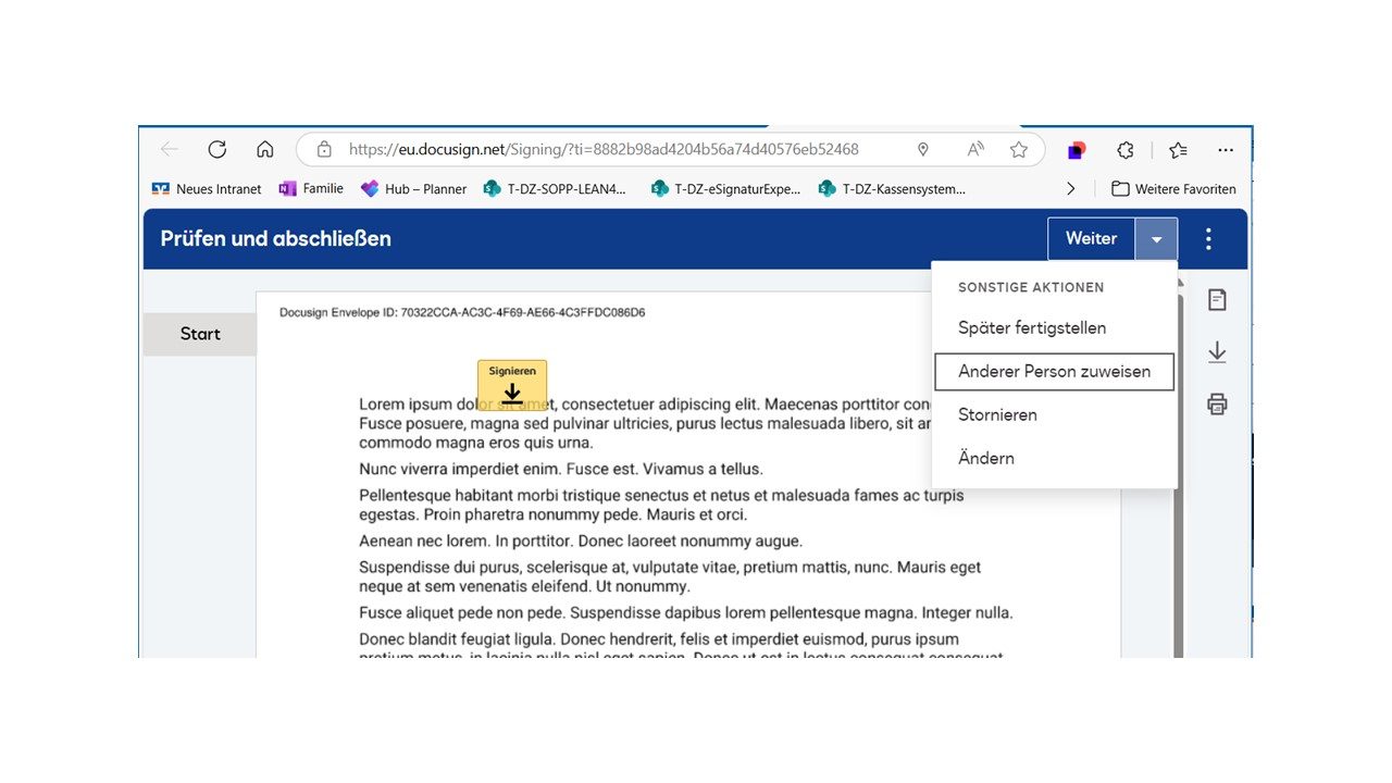 The image appears to display a screenshot of a German-language interface for a text editing or reviewing tool, possibly within a document or content management system.

### Elements in the Image:
1. **Interface Title**: 
   - "Prüfen und abschließen" which translates to "Check and finalize".

2. **Menu**:
   - There is a drop-down menu visible with various options. The options listed appear to be action items related to reviewing or editing content:
     - **"Entfernte Änderungen"**: which may imply "Remove Changes"
     - **"Letzte Fertigstellung"**: suggesting "Final Adjustment"
     - **"Im 'Text' suchen..."**: indicating "Search in 'Text'"

3. **Highlighted Text**: 
   - A segment of text is highlighted, potentially indicating either a focus area for editing or a comment.
   - The text within the frame looks generic, possibly placeholder or lorem ipsum text, as there's mention of repeating terms like "Lorem ipsum dolor sit amet".

4. **Buttons and Options**:  
   - A possibility to navigate, close, or adjust the window and settings.

5. **Browser Information**:  
   - The interface is embedded within a browser window based on visible tabs and window controls.

6. **URL**:
   - The image displays part of a URL, suggesting an online application or tool usage.

### Purpose
The interface appears to be geared towards document review, editing, or approval processes, possibly utilized in contexts like document management systems, content editing platforms, or collaborative environments.

---

This interpretation is based on the visual elements in the image rather than the context since the actual functionalities and implementations rely on the specific tool in use.