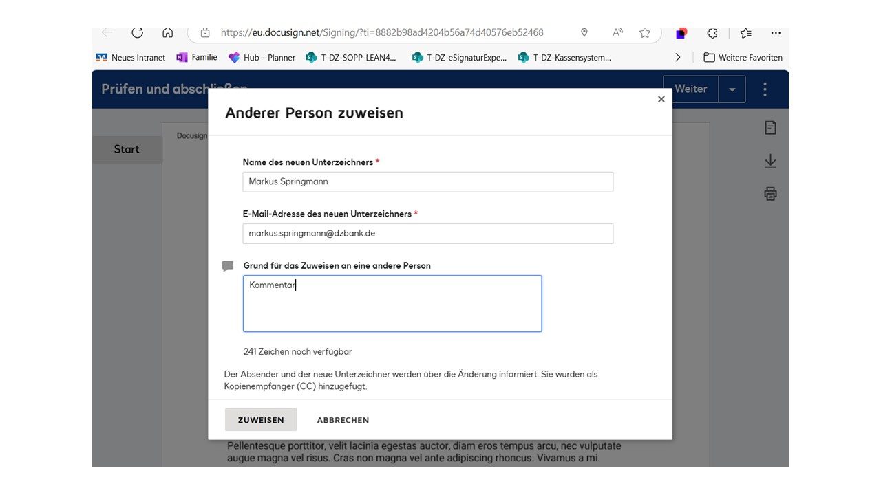 The image shows a screenshot of a web page titled "Anderer Person zuweisen," which translates to "Assign to another person" in German.

### Elements in the Image:
1. **Interface Title**: 
   - "Anderer Person zuweisen" is prominently displayed, indicating the function or task being performed.

2. **Form Fields**:
   - **"Name der neuen Person einfügen"**: This implies the user needs to enter the name of the person to whom the task or work is being assigned.
   - **"Kommentar"**: This section is for adding comments or additional information related to the assignment.

3. **Buttons**:
   - **"ABRECHEN"**: This can be translated to "Cancel," allowing the user to exit the operation without making changes.
   - **"ZUWEISEN"**: This means "Assign," a button for confirming the action of assigning the task to another person.

4. **Additional Information or Context**:
   - There's typically some supplementary text instructing or guiding the user on how the assignment process functions.
   - A possibility of a note that the user needs to ask for additional permissions or actions before proceeding.

### Overall Context:

This image appears to be part of a digital workflow management system or some sort of collaborative software interface where tasks or responsibilities can be redirected from one user to another.