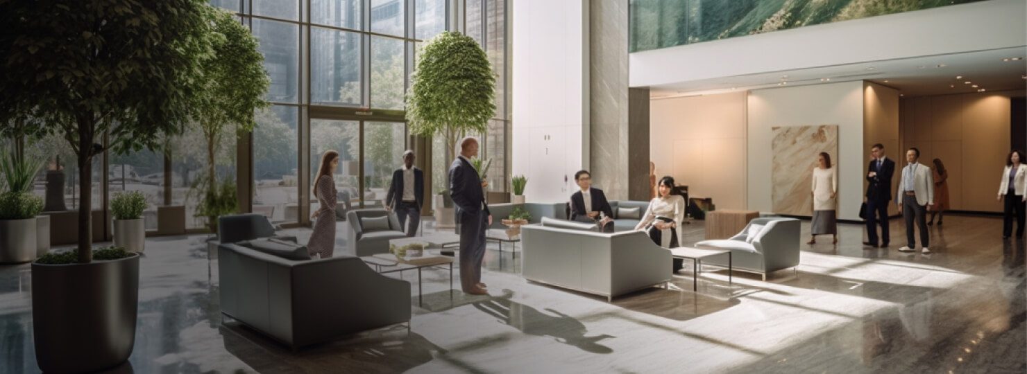 DZ BANK international: an office foyer where  employees from different cultural and ethnical backgrounds arrive and have a chat
