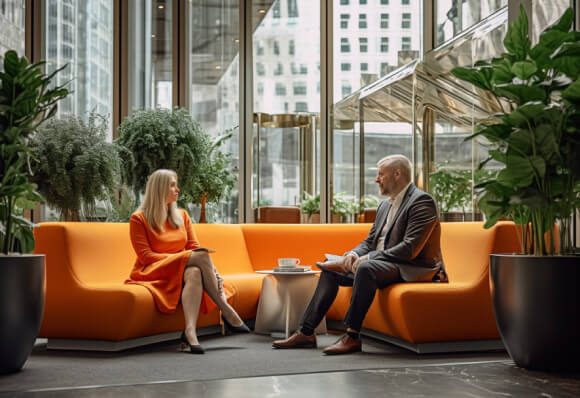 Two colleagues, casually discussing a topic while enjoying a cup of coffee at the office foyer