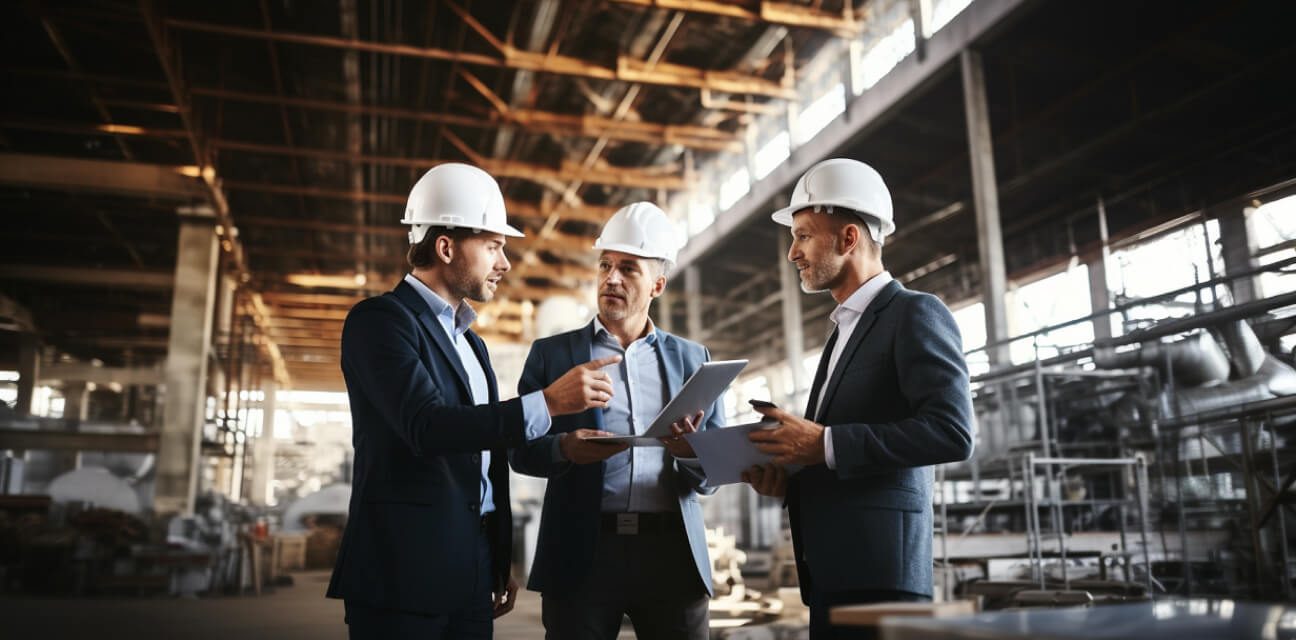 Three businessmen, wearing hard hats, discussing  an issue; behind them the possible project they  are talking about: a large construction site