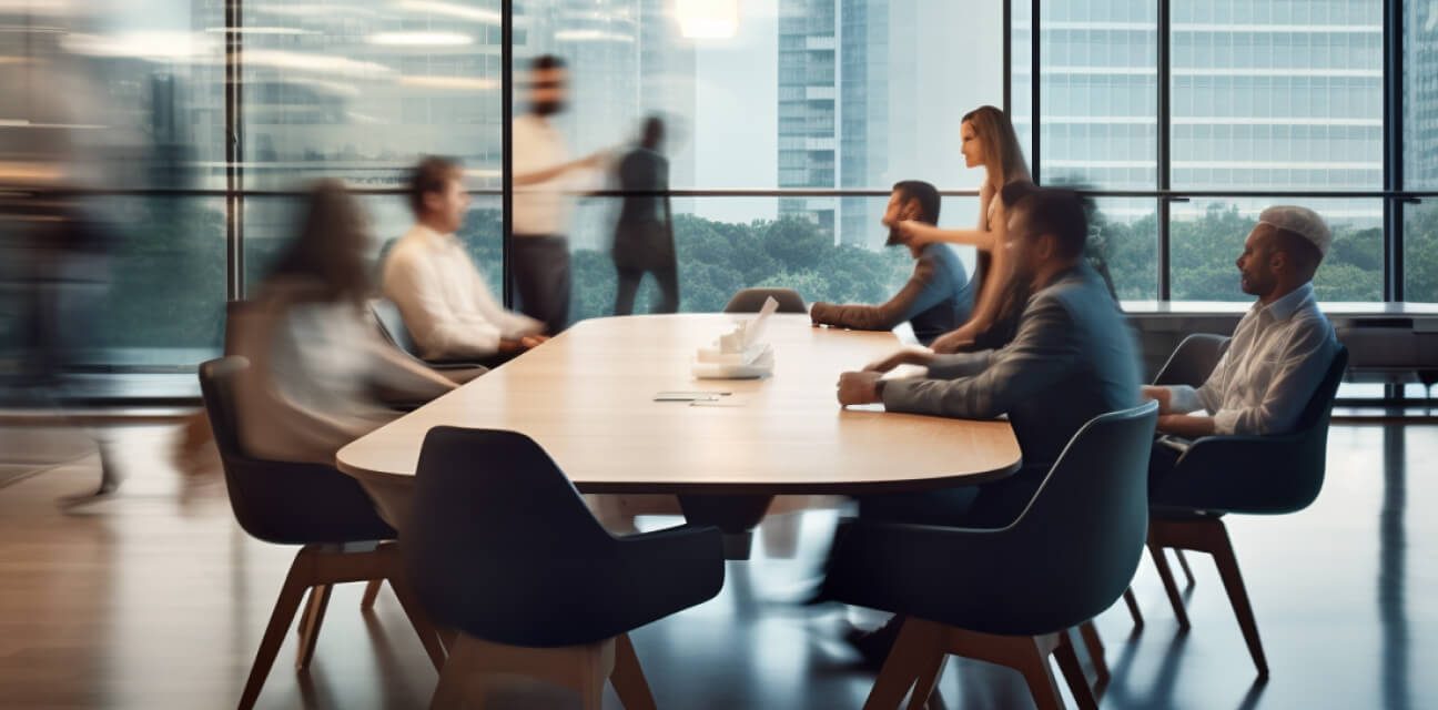 A busy office situation, out-of-focus people rushing past a large conference table