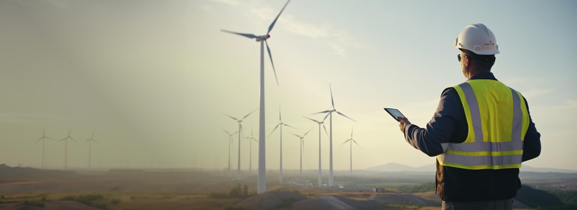 A man wearing a high-visibility vest and a hard hat, in the near distance a wind farm