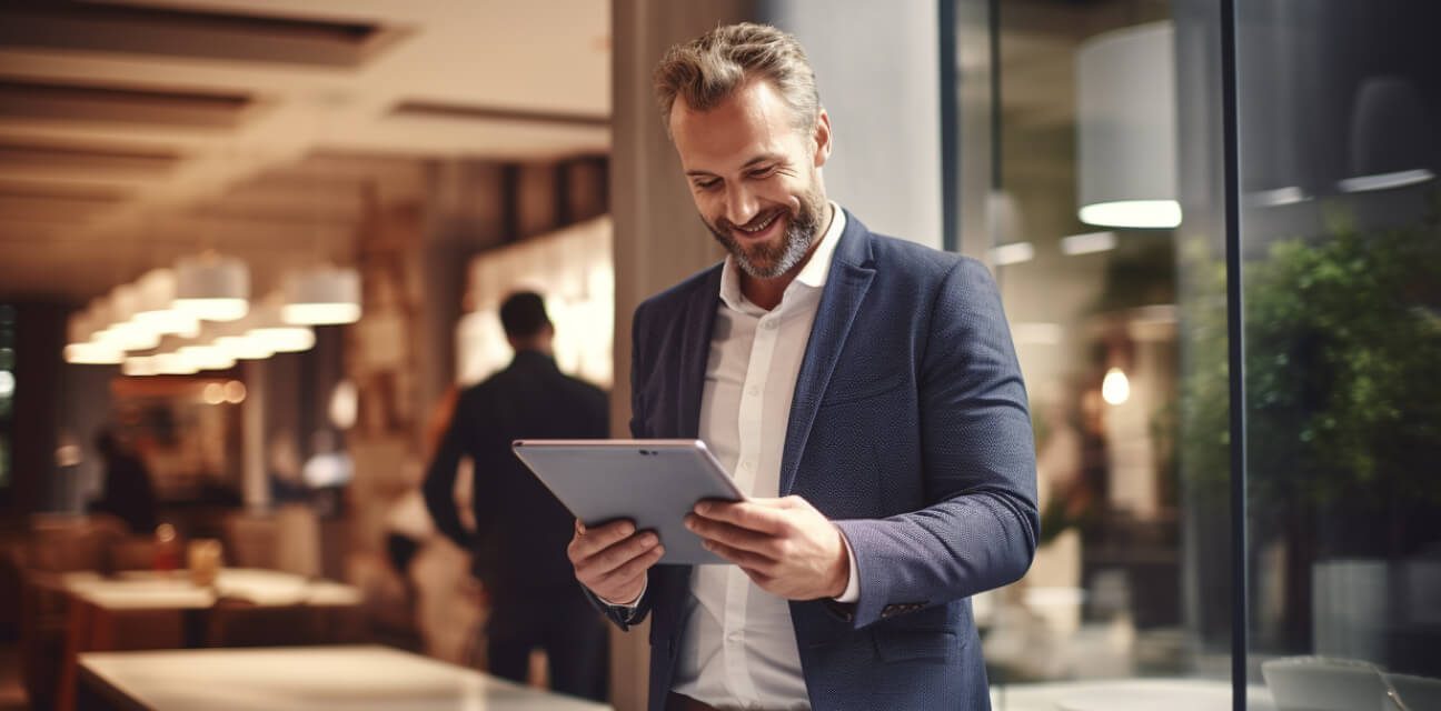 A man in business attire smiles at a tablet computer in his hands, in the background a busy office situation