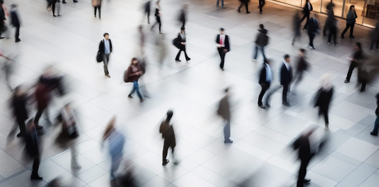 A city square, representative of a business district, with out-of-focus people rushing by