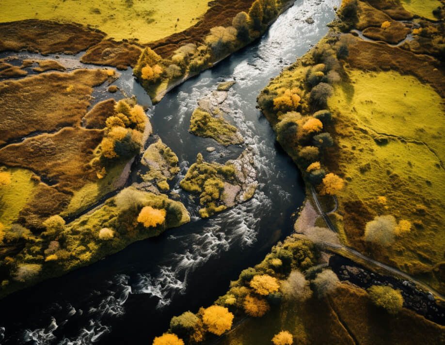An aspect of sustainability: environmental protection – nature being shown here as a natural course of a river, running through a autumn-colored landscape