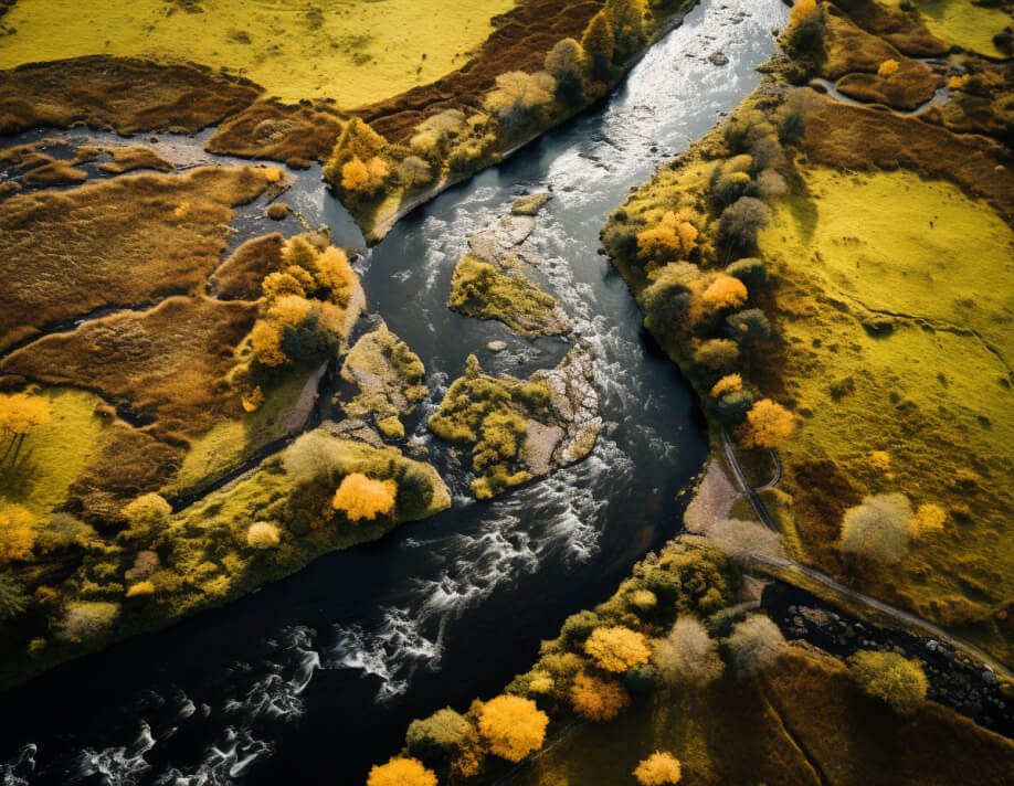 An aspect of sustainability: environmental protection - nature being shown here as a natural course of a river, running through a autumn- colored landscape