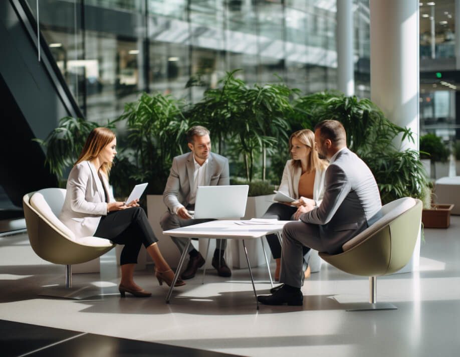 A group of experts around a table, confering