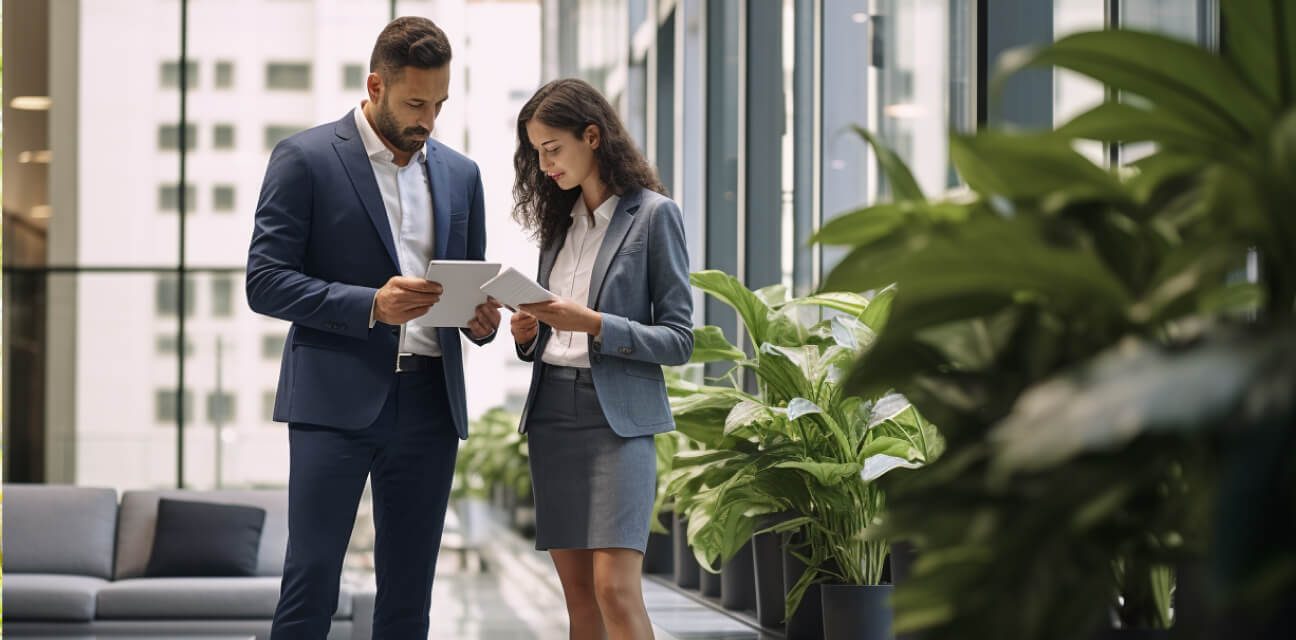 Two business colleagues comparing notes