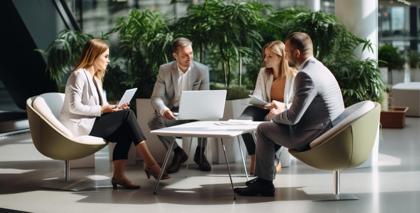 A group of experts around a table, confering