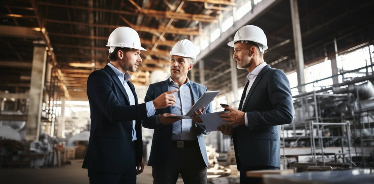 Responsible management and corporate responsibility are key directives for DZ BANK, represented in this photo by three managers,  wearing hard hats, discussing an issue at a construction site.