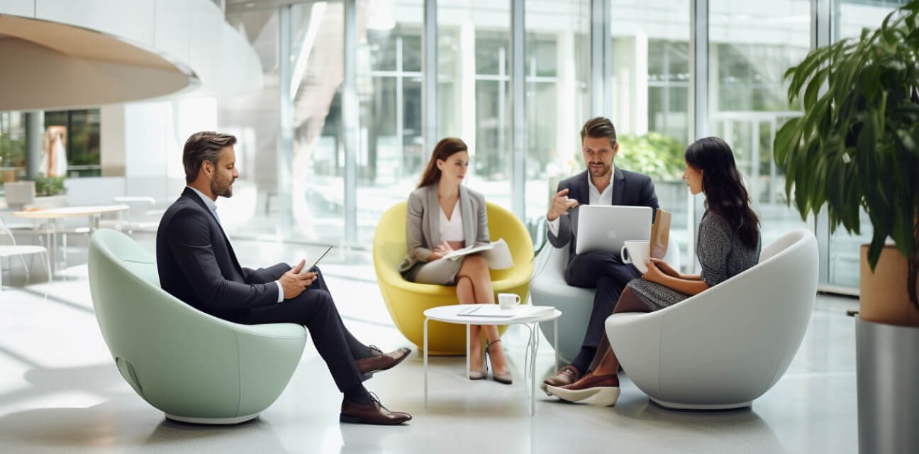 A group of colleagues, comfortably located in a sunny foyer, discussing  a topic or preparing for a workshop