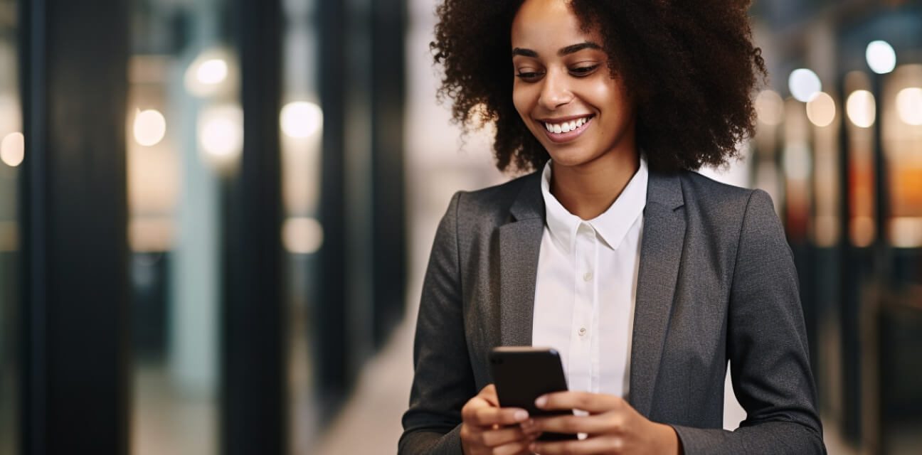 A young woman in a suit,  representative of the press,  checking news on her smartphone