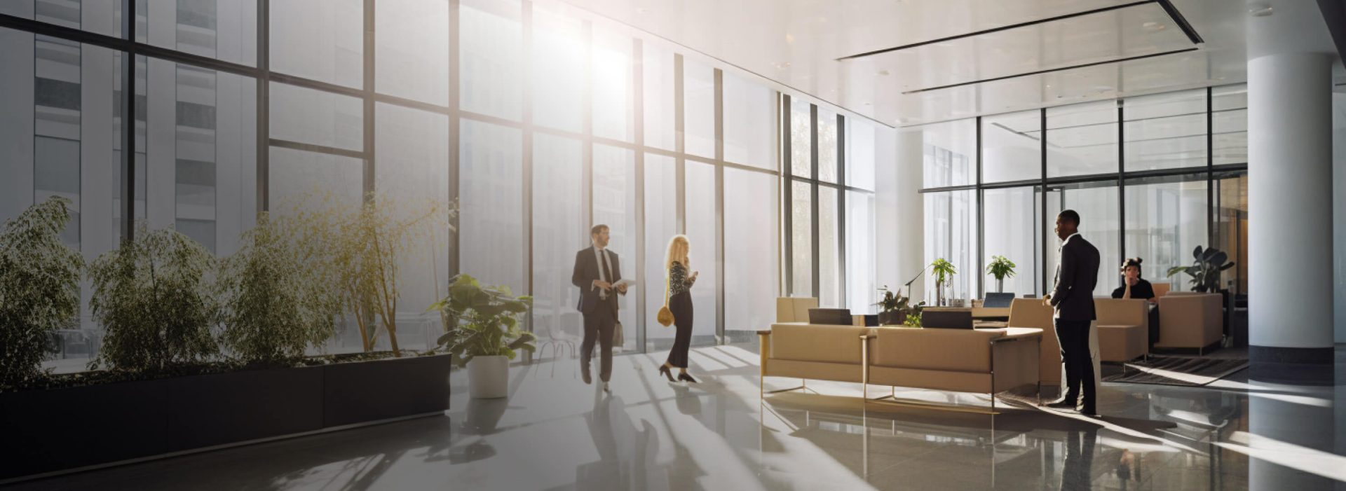 Several persons in business attire in the lobby of an office building, a usual sight also at DZ BANK headquarters