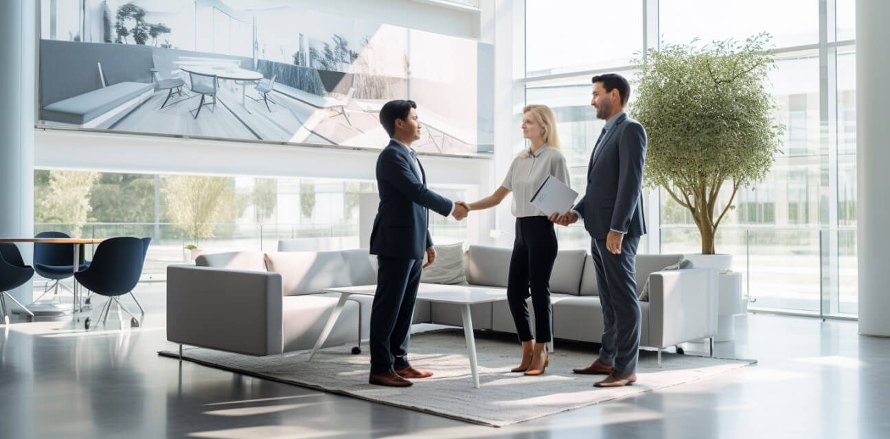 In the lobby of an office building, a man, representative of the DZ BANK consulting service, welcomes a couple