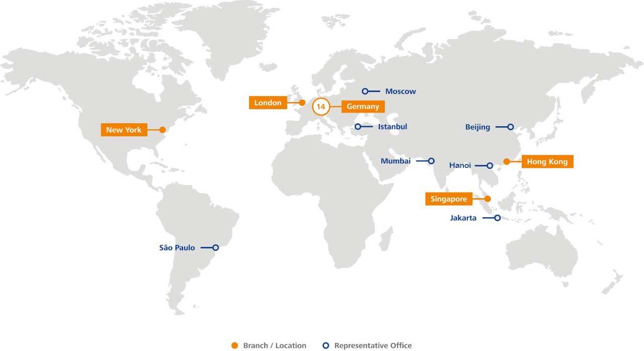 A world map that depicts the branches, sub-offices and representative offices of the DZ BANK international network