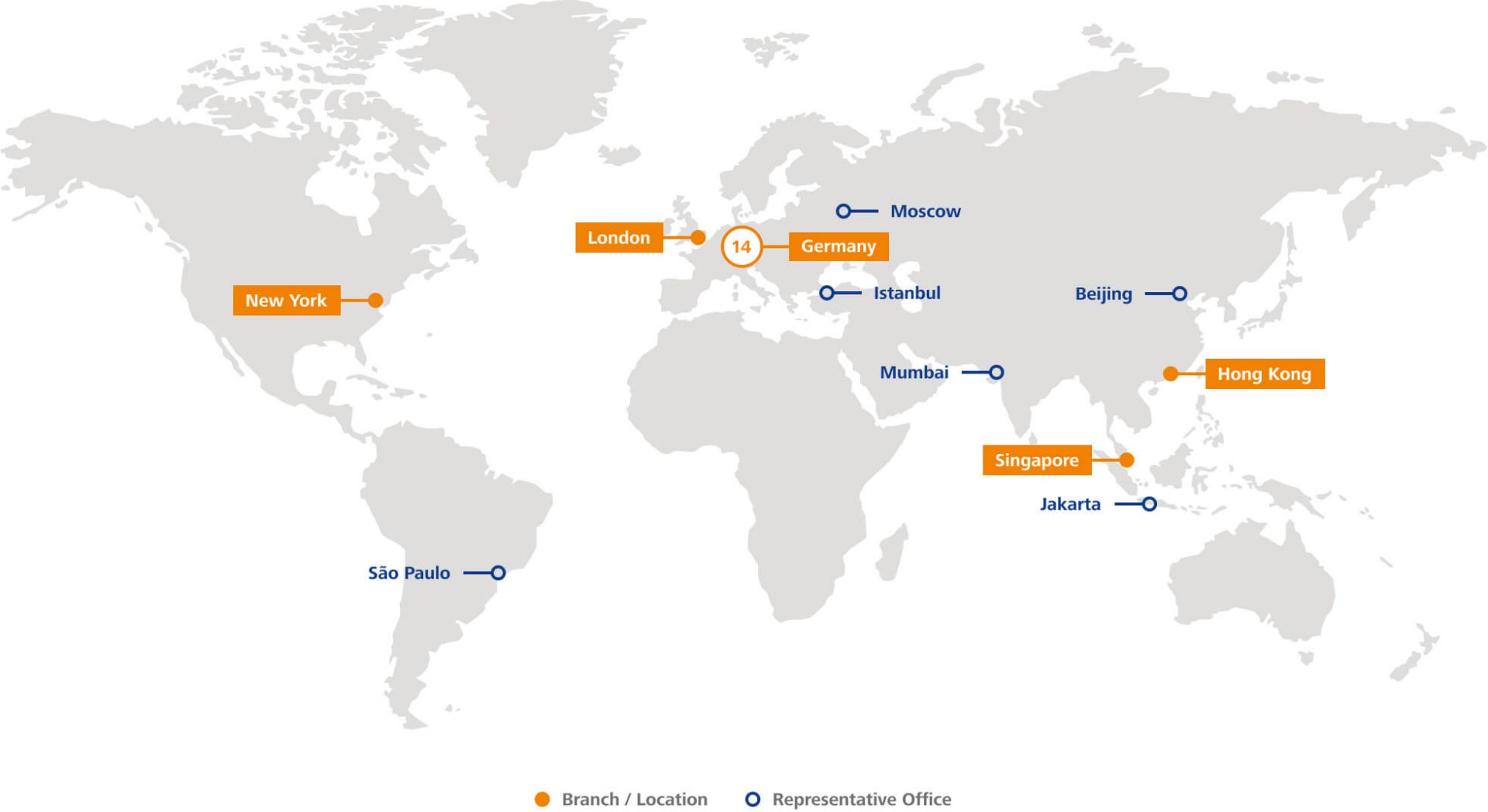 A world map that depicts the branches, sub-offices and representative offices of the DZ BANK international network