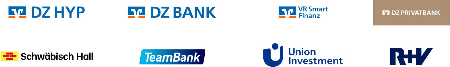 The members of the DZ BANK Group with their respective logos and work marks: DZ Hyp, DZ BANK, VR Smart Finanz, DZ Privatbank, Schwäbisch Hall, TeamBank, Union Investment, R+V Versicherungen.